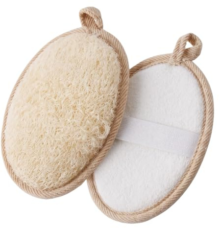Uppsättning av 2 naturliga luffasvampar för kroppsskrubb – biologiskt nedbrytbar duschsvamp med sladd, hållbar Loofah Peeling svamp för kvinnor och män, 10 x 14,5 cm