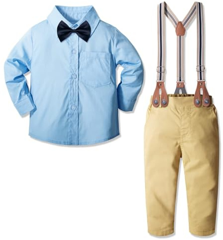 Yilaku Little Boys Gentleman Outfits Suits Set Infant Long Sleeve Shirt+Suspender Pants+Bow Tie Overalls Clothing Set Kids Christmas Colorful Clothes