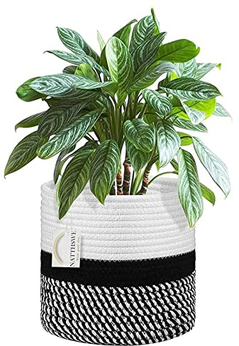 NATTHSWE Cesta de Plantas con Forro, Macetas de Interior Tejidas para Macetas de 28cm de Cuerda de Algodón Yute para Decoración de Macetas Plegables Cesta de Lavandería