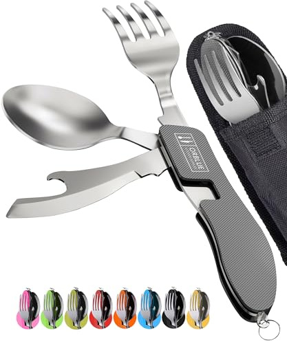 Orblue Paquete de 2 utensilios de camping 4 en 1 – Cuchara portátil de acero inoxidable para camping, tenedor, cuchillo y abridor de latas/botellas – Utensilios de embalaje con funda