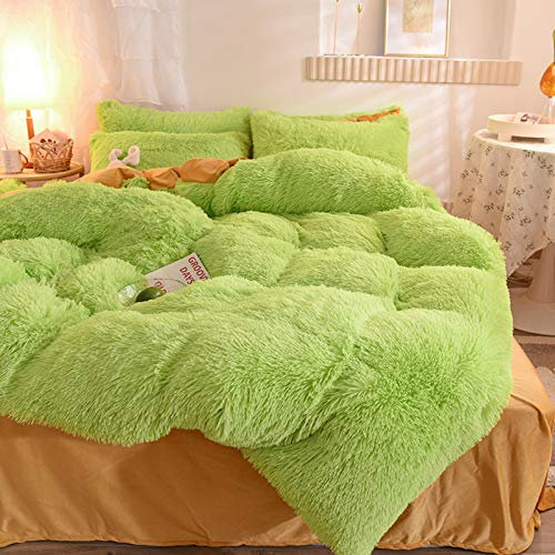 LGYKUMEG Bed linen brown warm winter plush long hair fluffy flannel beaver duvet cover with zipper and pillowcase,Green,200 * 230cm
