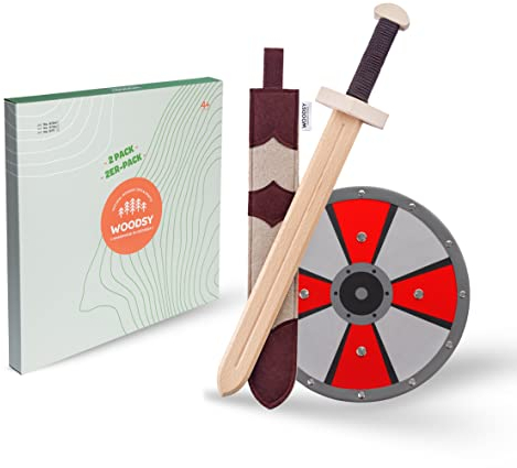 WOODSY ® Sköld och svärd för barn med skida | 52 cm långt Handgjort av bokträ Vikingadesign | Riddarkostym barn Riddarsvärd barn Barnsvärd Leksakssvärd Förfest