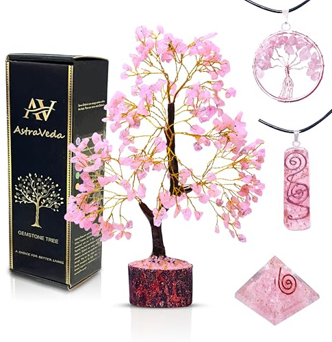 AstraVeda Rose Quartz Tree of Life with 2 Pendants and Pyramid Gift Set | Pink rose quartz gemstone tree with two pendants and one mini pyramid, a handcrafted Tree of Life gift collection