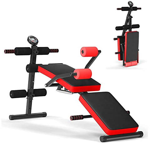 SPOTRAVEL Adjustable Sit Up Bench, Full Body Workout Machine with LCD Monitor, Foldable Fitness Weight Bench for Home & Gym (Red)