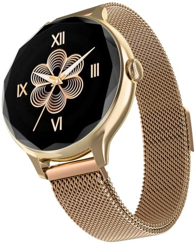 Noise Diva Smartwatch med dial Cut Dial, metallisk blank finish, AMOLED-display, nätremsalternativ och läderrem, 100 + ansikten, damarmbandsur SpO2-övervakning