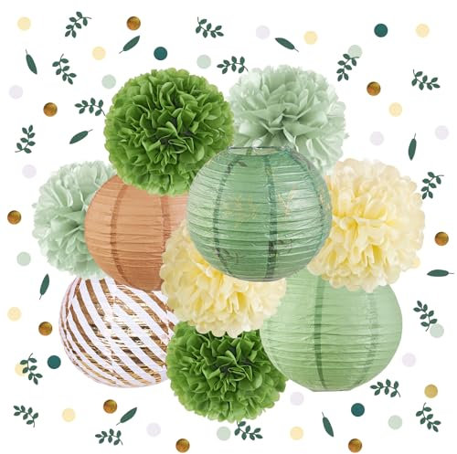 Homarkable 11-teiliges Deko-Set für Gartenparty & Babyparty: Wabenbälle, Papierlaternen, Pompons aus Seidenpapier, Konfetti – Salbeigrüne & cremefarbene Dekoration (Elfen-Look, Hochzeit, Geburtstag)
