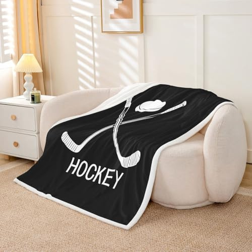 Kids Ice Hockey Sherpa Blanket Throw Size, Black And White Fleece Blanket Sports Games Theme Throw Blanket Ice Hockey Bedroom Decorations, Winter Event Puck Fuzzy Blanket, Ice Hockey Gifts For Men