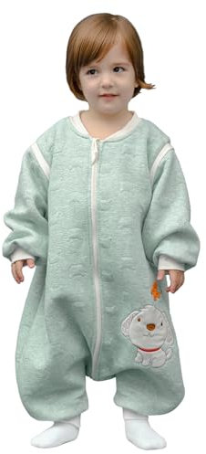 MIKAFEN Schläfsack Baby Langarm Winter kinderSchlafsack 2.0Tog,Hund Muster Baby Schlafsack mit Füßen Baumwolle Junge Mädchen Unisex ganzjahres Schlafanzug, Grüner Welpe,80/Baby Höhe 85-95cm