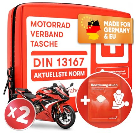 PURAHELP 2x Motorrad Verbandskasten nach aktueller Norm 2026 DIN 13167 (StVO konform) - Inkl. Beatmungstuch - Motorrad Erste Hilfe Set 2026 Mini Klein
