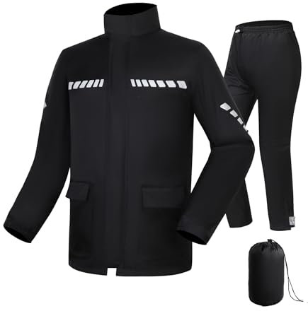 CTBQiTom Tenue de Pluie pour Moto, Combinaison Légère avec Blouson et Pantalon de Pluie Réfléchissants, Tenue Imperméable et Respirante,Noir,XXL