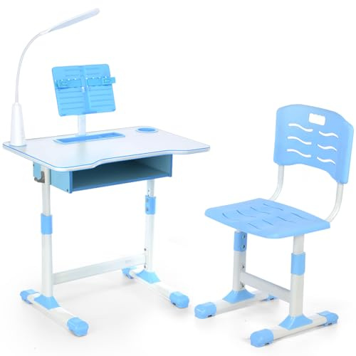 Oyajia Kids Desk and Chair Set, Adjustable Height Study Table Set, Children's Table & Chair Sets with lamp, Drawer, Book Stand, Pen Slot - Blue.