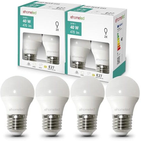 ehomeled E27 LED Mini Kugel Glühbirne Tageslichtweiß (4000K), 470 Lumen 3,4W (=40W), Energiesparende LED-Lampe, Perfekt für Kronleuchter, Nachttischlampen & Schreibtischlampen, 4er-Pack