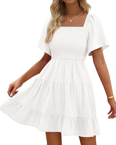 BTFBM Women's Summer Smocked Mini Dress 2026,White,L