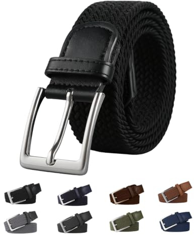Suyamir Cintura Uomo Elastica Intrecciata con Fibbia in Metallo – Cintura Regolabile Senza Fori in Tessuto Flessibile, per Jeans, Pantaloni, Lavoro e Casual(Nero, Lunghezza 100cm)