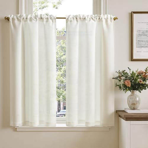 TOPICK Kort köksgardin med ficka, vit 65 B x 115 H (cm) 2 paneler | För Fönster Skåp Skåp Under Sovrum Under Diskbänk, Matsal Vardagsrum Lätt Effekt Modern Stil Halvtransparent