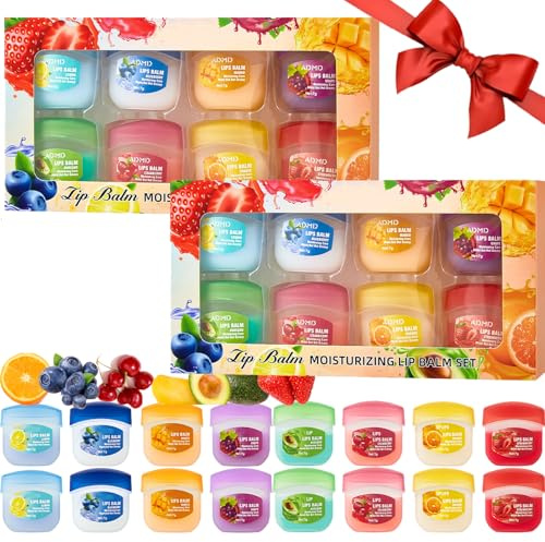 16Pcs Lip Balm Set,8 Fruity Flavors Mini Lip Balm Multipack Natural Organic Deep Moisturizing Vegan Lip Care Repair Cracked Dry Lips,Skin Care Gift Set For Teenager Girls