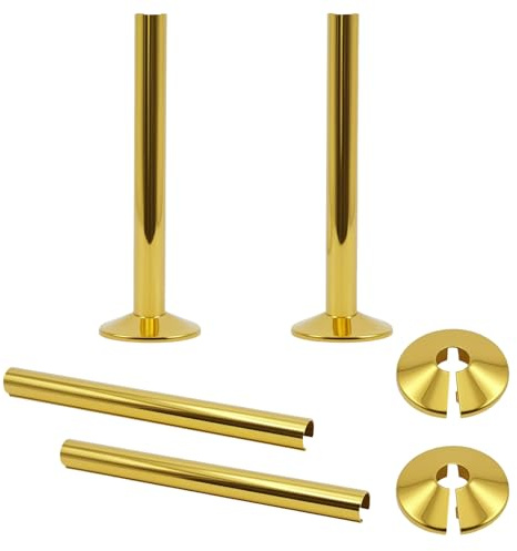 Brushed Brass Radiator Pipe Covers – 2 Pack Towel Rail Pipe Sleeves with Collars – Easy Fit Decorative Trim Kit for Chrome Bathroom 15mm x 200mm – Gold Finish