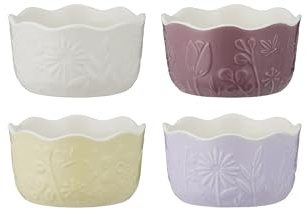 Mason Cash in The Meadow Set of 4 Ramekins 12 x 6cm | 260ml Floral Embossed Stoneware Dessert, Dip & Snack Dishes, Oven-to-Table