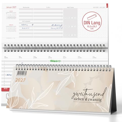TOBJA® Calendrier de bureau 2027 Beige Bloom Quer DIN long – Calendrier à poser avec planificateur hebdomadaire, suivi des habitudes, vacances scolaires et vacances – Couché et debout, reliure à