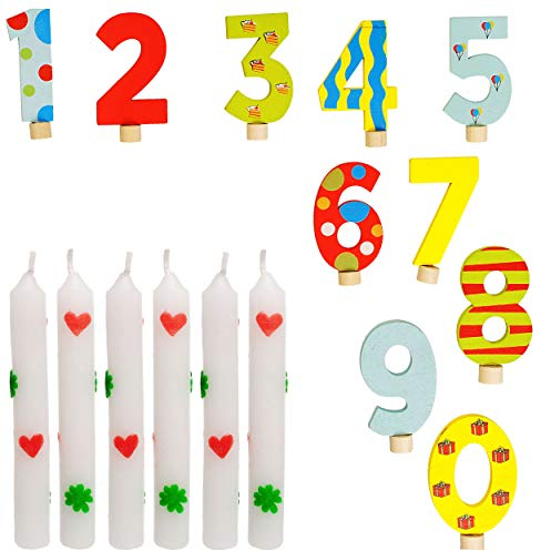 alles-meine.de GmbH Holz - 10 Stück - Geburtstagszahlen + 6 Stück - Geburtstagskerzen - Zahlen von 0 bis 9 - Zahlenstecker - für Geburtstagsring/Geburtstagszug/Geburtstagskra..