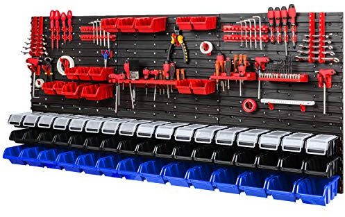 Werkzeugwand – 1728 x 780 mm - Lagersystem SET Lochwand mit Werkzeughaltern und Stapelboxen mit Deckel - Wandregal Werkstattregal Schüttenregal Sichtlagerkästen (Schwarz/Blau)