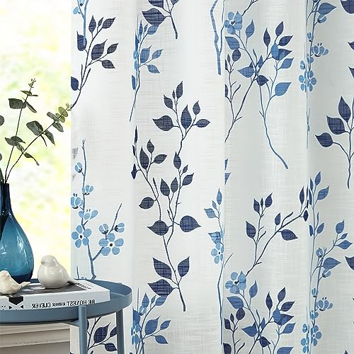 Beauoop Navy Blau Voile Vorhänge Blätter Blumen Muster Leinenoptik Vorhänge mit Ösen für Wohnzimmer Botanisch Halbtransparent Ösenvorhang für Bauernhaus Schlafzimmer 2er Set, 127 x 175cm (HxB)