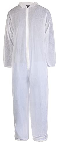 TRONEX SMS8154 Disposable Coveralls, Multilayer Nonwoven Coveralls, Fluid-Resistant, Zip Front, Elastic Cuff, Food Manufacuring, Cleaning, White, Medium, 25 Pack