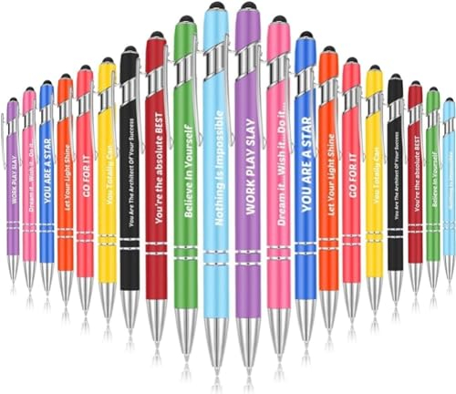 KAHEIGN 20Pcs Kugelschreiber, 14cm Motivations-Zitate Stift Bildschirm Touch Metallstift mit schwarze Tinte Stylus Stifte für Frauen Männer Bosse Büro Schreibtischzubehör (10 Positive Style)