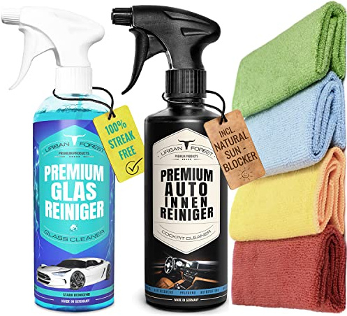 URBAN FOREST Premium Auto Innenraumreiniger + Auto Glasreiniger mit 4 Mikrofasertücher für professionelle Auto Innenraum Pflege | Auto Innenraumpflege & Auto Innenraum Reinigung 500ml