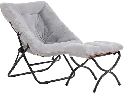 Tiita Folded Chair with Ottoman, Soft Faux Fur Oversized Folding Accent Chair,Lazy Chair, Metal Frame Moon Chair for Bedroom, Living Room, Dorm Rooms, Garden and Courtyard
