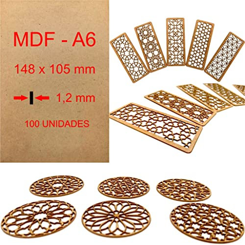 Panneau MDF en bois A6 | 148 x 105 x 1,2 mm Découpe laser 10 W 20 W 30 W 40 W CNC Routeur, modélisation, ajouré, bricolage, travaux manuels, finition polie, haute densité, bois de qualité (100)