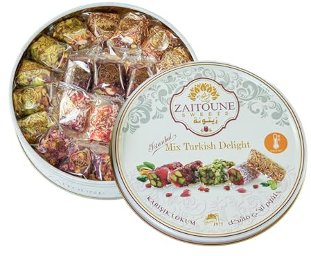 Zaitoune Turkish Delight Mix - 250 g | Luxury Assortment with Pomegranate, Pistachio & Rose Presented in a Beautiful Gift Tin | Authentic Lokum Sweets | Handmade in Turkey & Traditional Recipe