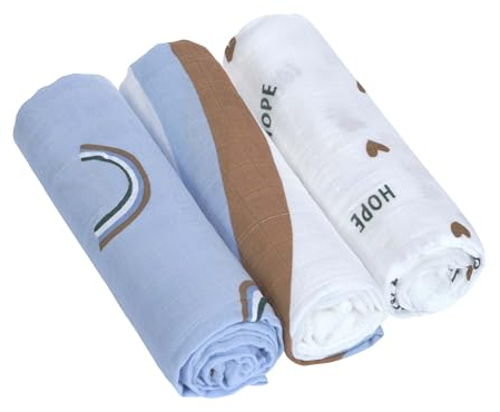 LÄSSIG Baby Mulltuch Spucktuch Puckdecke 3er Set Baumwolle 80 x 80 cm/Heavenly Soft Swaddle L Happy Rascals Sky Blue