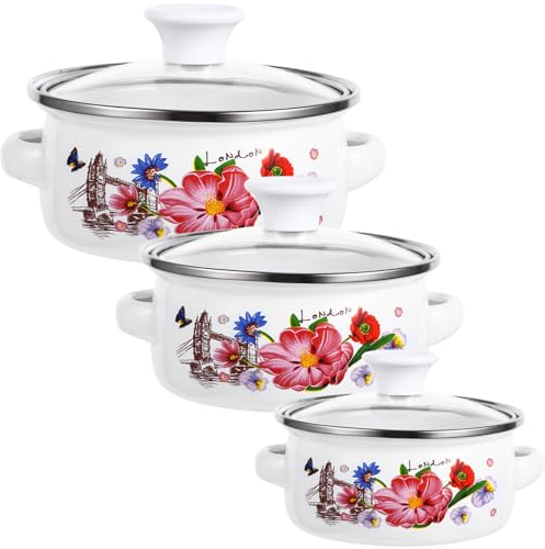 3-Teiliges Emaille-Topf-Set Mit Deckel, Mini-Suppentopf 12/14/16 Cm, Eisen-Turm-Muster, Gleichmäßige Wärmeverteilung, Ideal Für Schnelle Mahlzeiten, Retro-Design