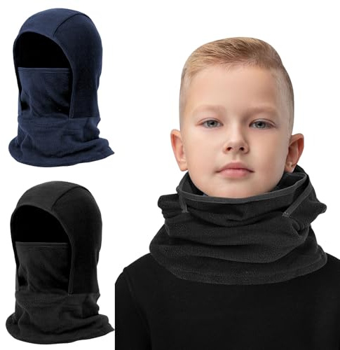 2 Pack Kids Balaclava Face Mask for Boys Girls, Windproof Winter Hat Ski Mask for Cold Weather, Breathable Face Warmer for Sports Skiing Cycling (UK, Alpha, One Size, Black+Navy)