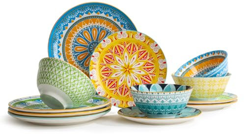 Juego de vajilla, platos y cuencos, juego de vajilla de cerámica de 12 piezas, juego de platos de cocina moderno, juego de vajilla decorativa colorida, ideal para regalo de inauguración de la casa,