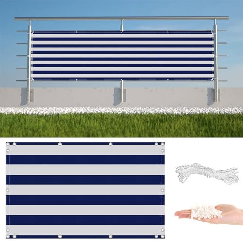 Rete frangivista per balcone, 0,75 m x 4 m, resistente alle intemperie e al vento, protezione dai raggi UV, con fascette stringicavi, senza fori, rete ombreggiante a strisce blu, per muri e giardini