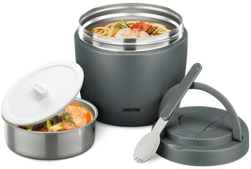 Itslife Thermos per Alimenti 970ml, Contenitore Termico per Alimenti con Cucchiaio Pieghevole, Thermos Pappa Acciaio Inossidabile per Zuppa, Porridge, Riso, Frutta, Grigio