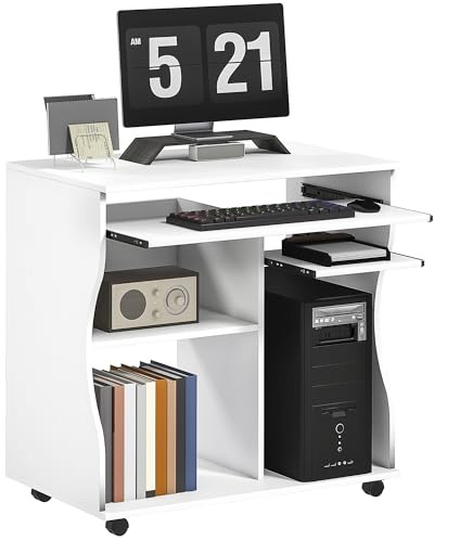 HOMCOM Computer Desk with Sliding Keyboard Tray, Mobile Home Office Desk, Study Table with Storage Shelves, PC Desk on Wheels, White