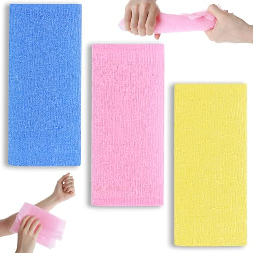 Wanmu 3 Pieces African Net Sponge, Exfoliating Washcloth, Back Scrubber for Shower, Exfoliating Body Scrubber, Africans Net Long Bath Sponge, Korean Loofah for Daily Use( Pink, Yellow, Blue)
