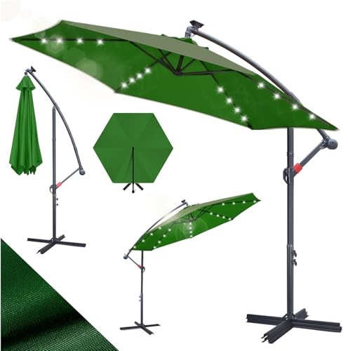 Hebitod Sonnenschirm LED Solar Ø 300 cm Grün mit Kurbel| Alu Ampelschirm mit Ständer | Gartenschirm Sonnenschutz UV-Schutz Eisen | Kurbelschirm Marktschirm wasserdicht für Garten