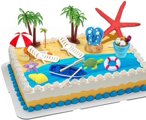 Decoración Cumpleaños playa, 15 Pcs Decoracion Tarta Cumpleaños Verano, Miniaturas Playa Accesorios Parasoles Palmera Silla de Playa Estrella, Adornos para Tartas para Fiesta Verano