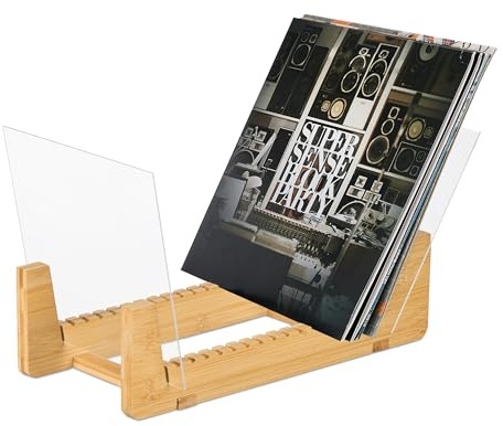 Relaxdays Soporte para Discos, 50 LP, bambú, acrílico, 12 rieles, HBT 21x37,5x19 cm, vinilos, Natural/Transparente