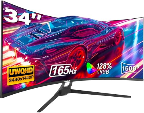 Gawfolk Gaming Curved Monitor 34 Zoll 165Hz, 1500R Ultrawide PC Bildschirm UWQHD 3440x1440P, Gebogenes Computerbildschirm, VA, Displayport, HDMI, VESA 75 * 75mm