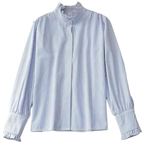 Women's 2025 Trendy Ruffle Trim Button Up Blue Striped Long Sleeve Blouse Top Cotton Stand Collar Elegant Work Shirt