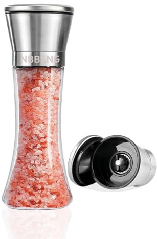 Salt and Pepper Grinder Sets, Salt Grinder Refillable, Manual Pepper Mill Grinders, Glass and Stainless Steel Spice Mills with Adjustable Coarseness Ceramic Core for Home, Kitchen, Outdoor