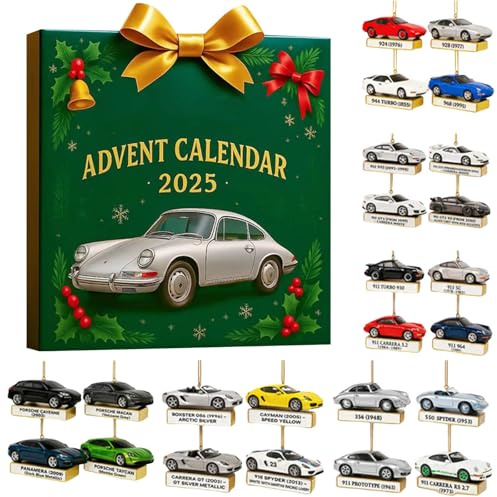Advent Calendar 2025 Classic Cars Motorcycles 2D Acrylic Christmas Tree Pendants Decorations Ornaments 24 Days Christmas Countdown Calendar Sports Cars Motorbikes, Idea Gift for Adults Kids (B)