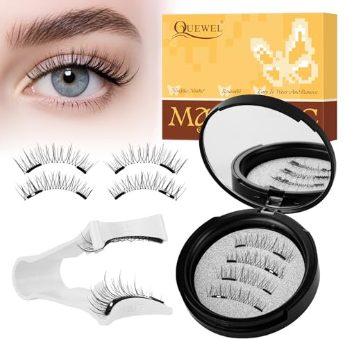 Pestañas magnéticas QUEWEL, 1 par de pestañas postizas magnéticas con aplicador, sin pegamento, fáciles de poner y quitar, reutilizables para un look natural, instrucciones incluidas (DH01-02)