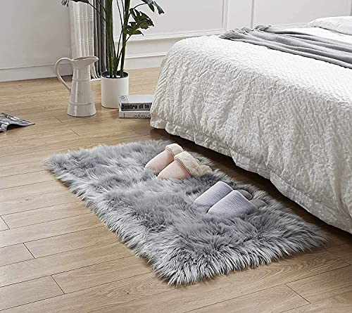 HLZDH Faux Lambskin Rug Luxurious Soft Artificial Wool Carpet for Living Room Bedroom Bathroom Sofa Chair Cushion (Rectangular Grey, 60 X 90 CM)