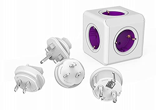 Travel-Cube ReWirable Original, Power-Würfel mit 5 Steckdosen, Mehrfach-Steckdose mit Reise-Adapter für DE/FR, UK USA AUS, ohne Kabel, Magenta-weiß